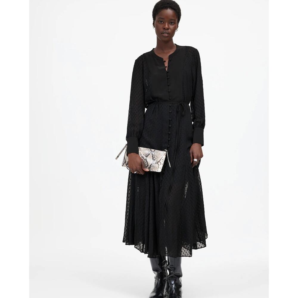 NWT Madewell Tie-Waist Midi Dress in Clip Dot In Black Size XS
